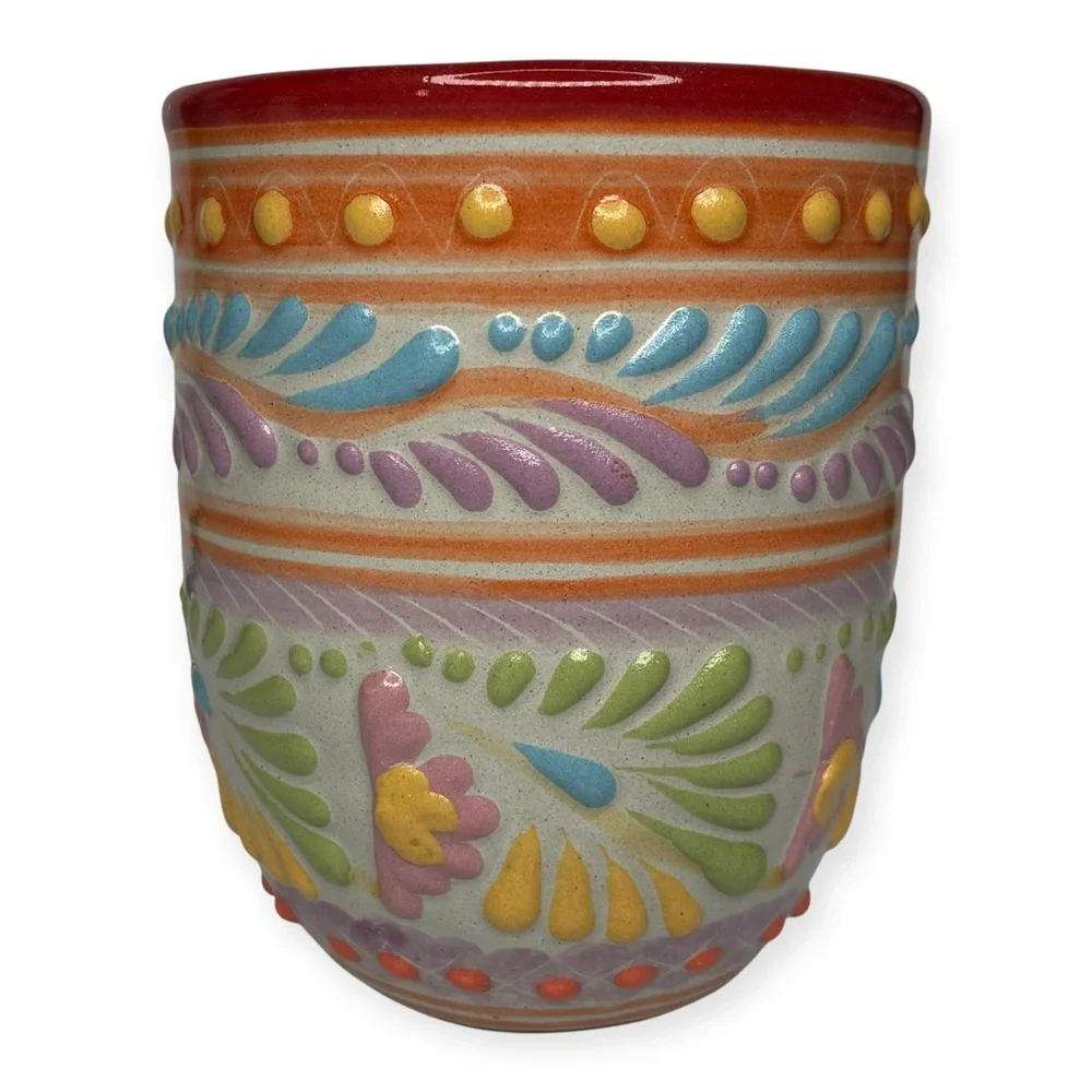 Colorful Televera Salazar Pue Mexico Ceramic Art Tumbler Cup 4.25” x 3.5”